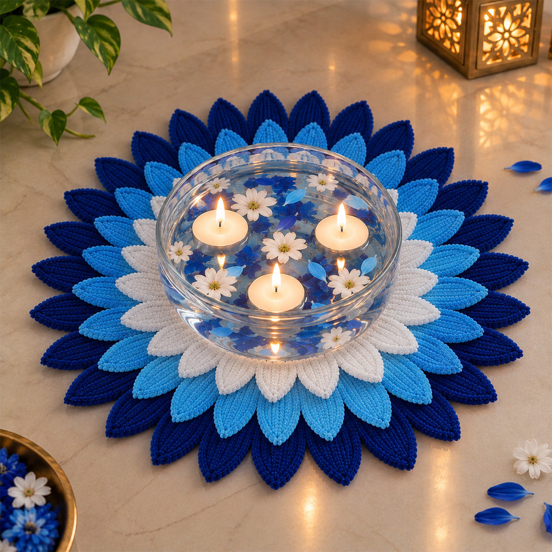 12 Inch | Handmade Reusable Layered Petal Flower Pipe Cleaner & MDF Rangoli With 3 Tealights for Diwali Decor
