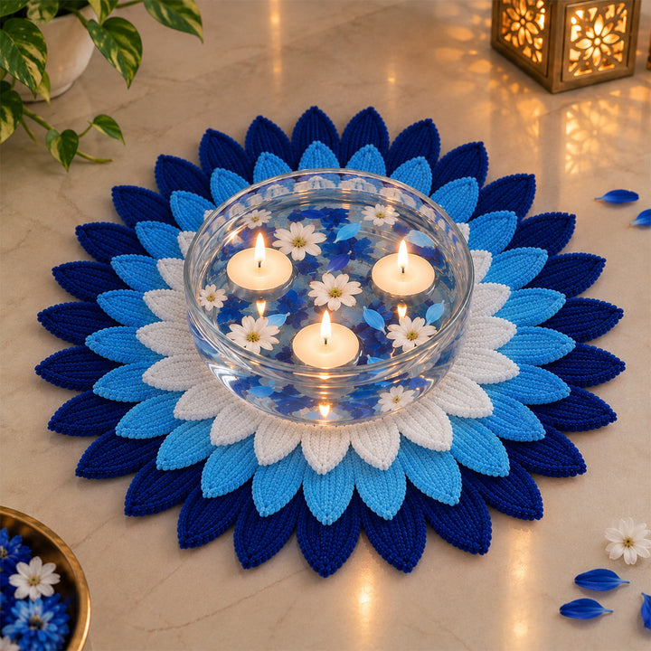 12 Inch | Handmade Reusable Layered Petal Flower Pipe Cleaner & MDF Rangoli With 3 Tealights for Diwali Decor