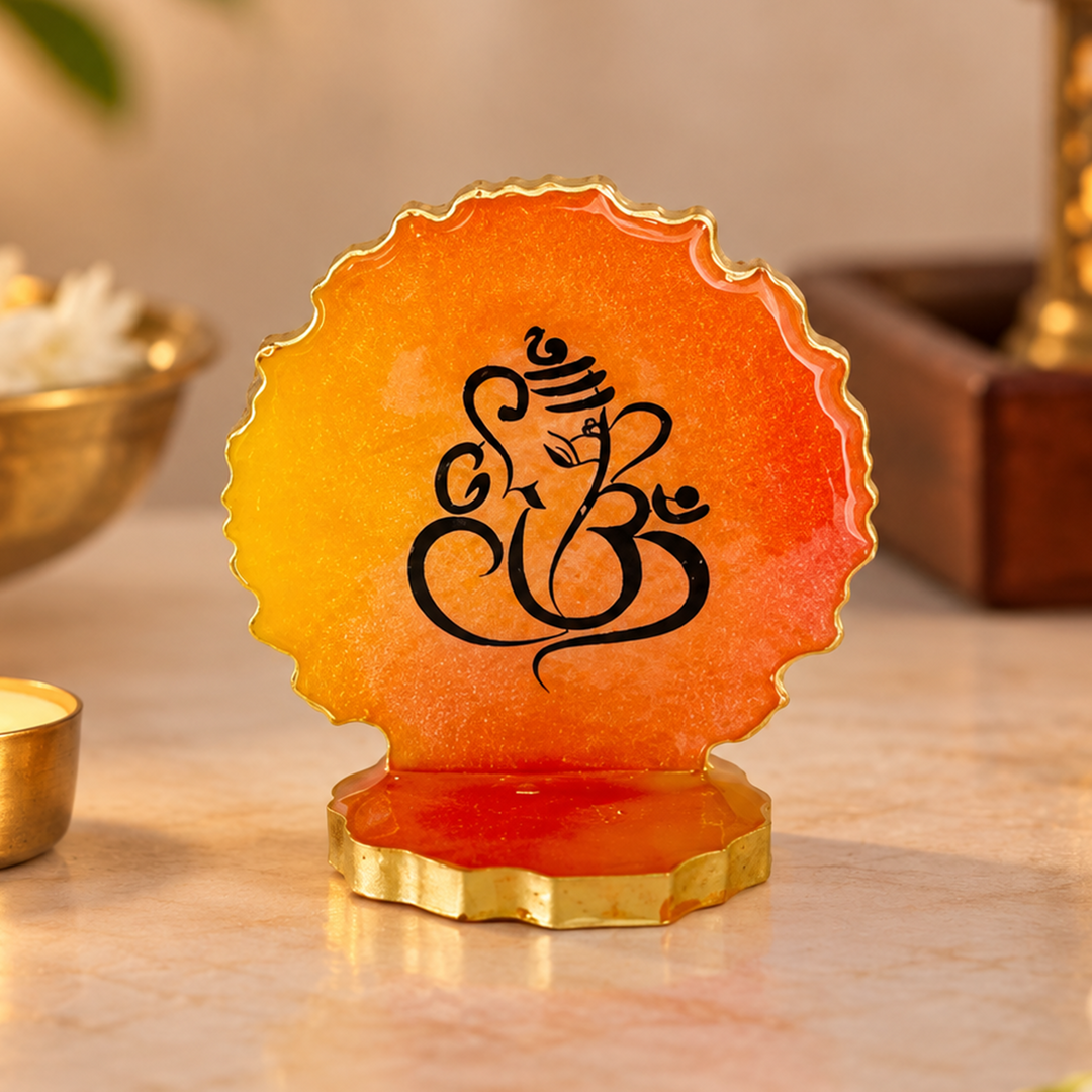 Orange Ombre Lord Ganesha Line Art Resin Tealight Holder with Gold Edge