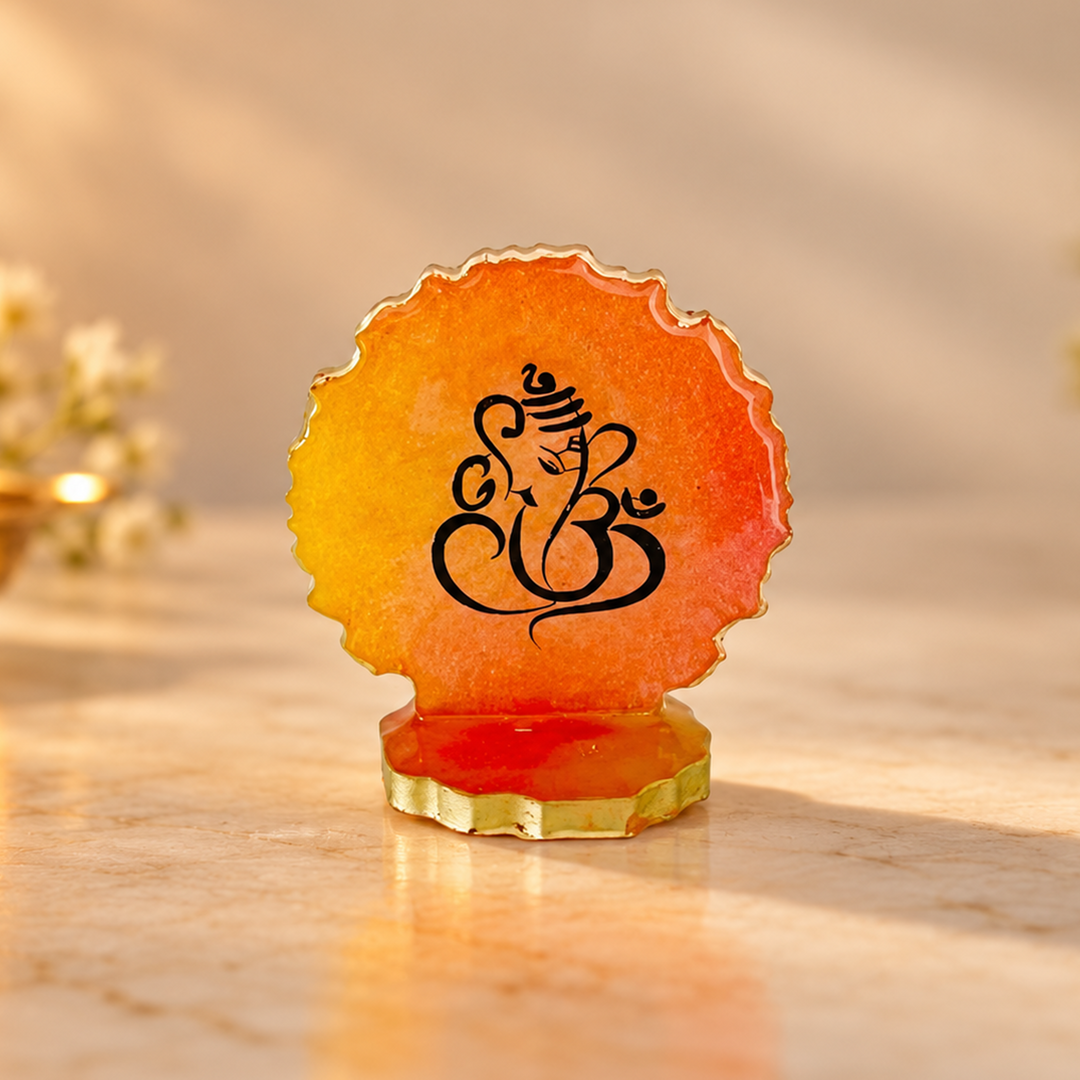 Orange Ombre Lord Ganesha Line Art Resin Tealight Holder with Gold Edge