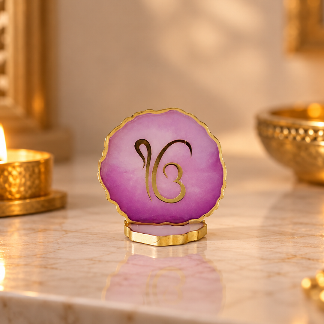 Lilac Ik Onkar Resin Art Tealight Holder with Gold Edge