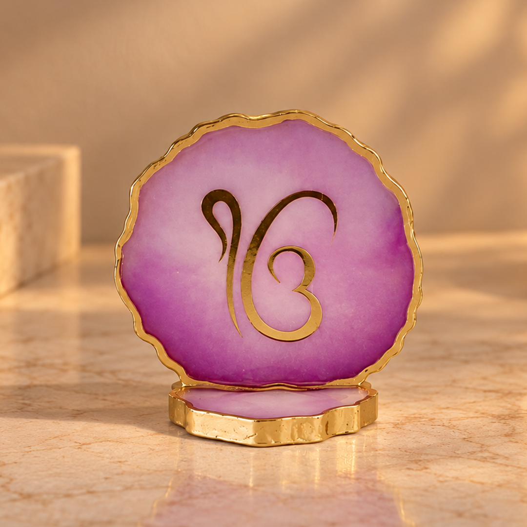 Lilac Ik Onkar Resin Art Tealight Holder with Gold Edge