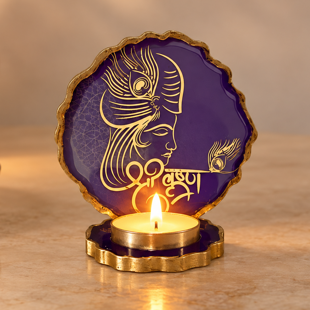 Purple Lord Krishna Peacock Feather & Flute Resin Art Tealight Holder