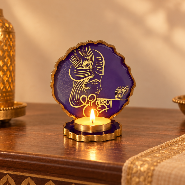 Purple Lord Krishna Peacock Feather & Flute Resin Art Tealight Holder