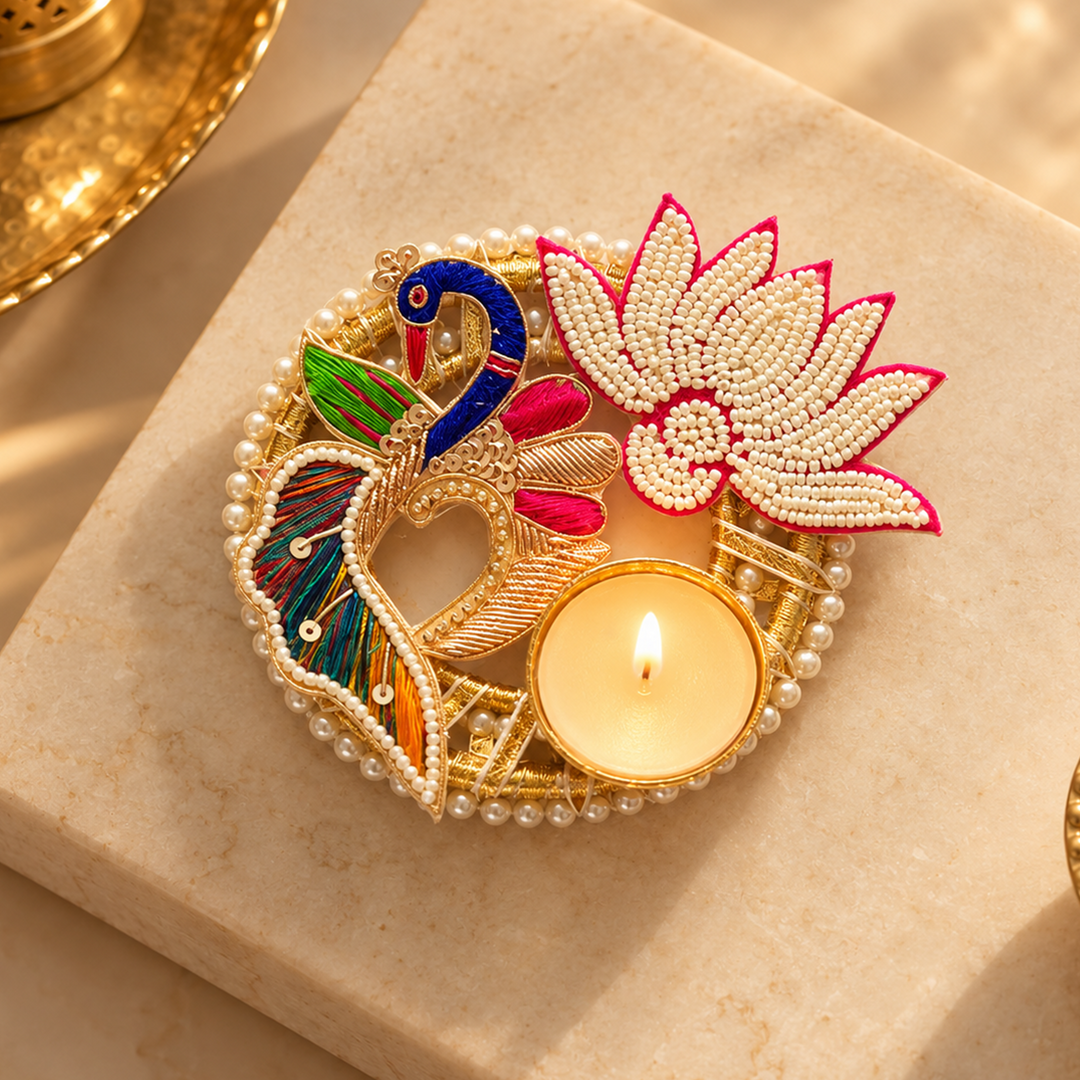 Zardozi Mayuri Beaded Lotus Round Tealight Holder with Pearl Border