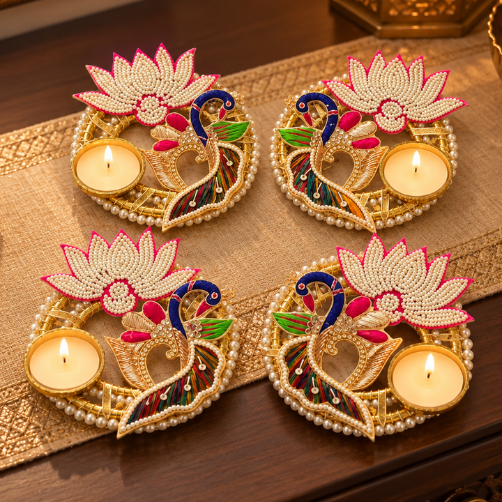 Zardozi Mayuri Beaded Lotus Round Tealight Holder with Pearl Border