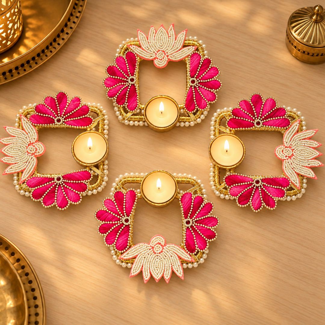 Pink Floral Gulzaar Gota Patti Square Tealight Holder with Beaded Lotus