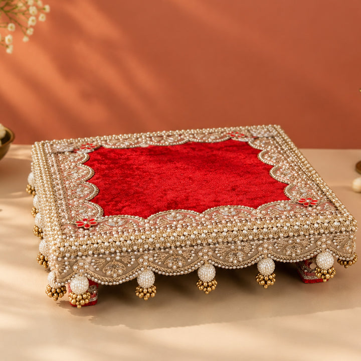 Velvet Fabric Square Pooja Chowki For Home Temple Pooja Decor