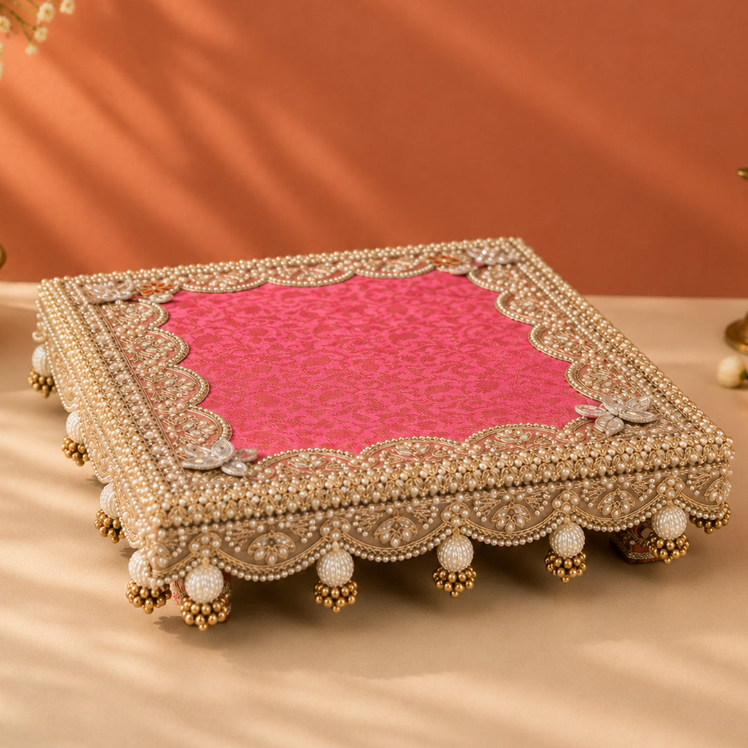 Pink Brocade Fabric Square Pooja Chowki For Home Temple Pooja Decor