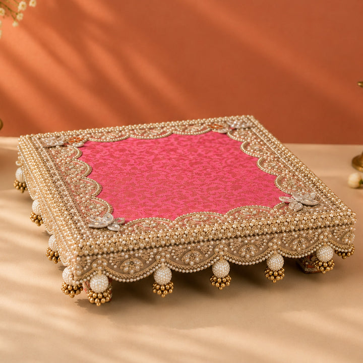 Pink Brocade Fabric Square Pooja Chowki For Home Temple Pooja Decor