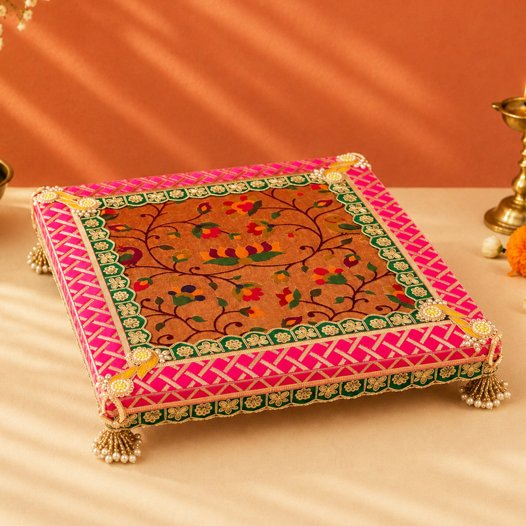 Paithani Silk Fabric Square Pooja Chowki For Home Temple Pooja Decor