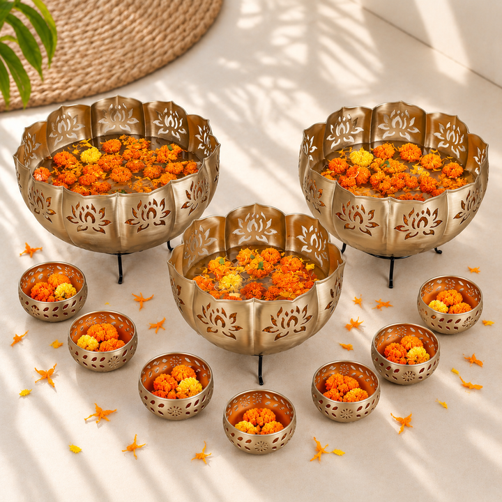 Handmade Large Lotus Shaped Urli With Stand & Bowls | Set of 10