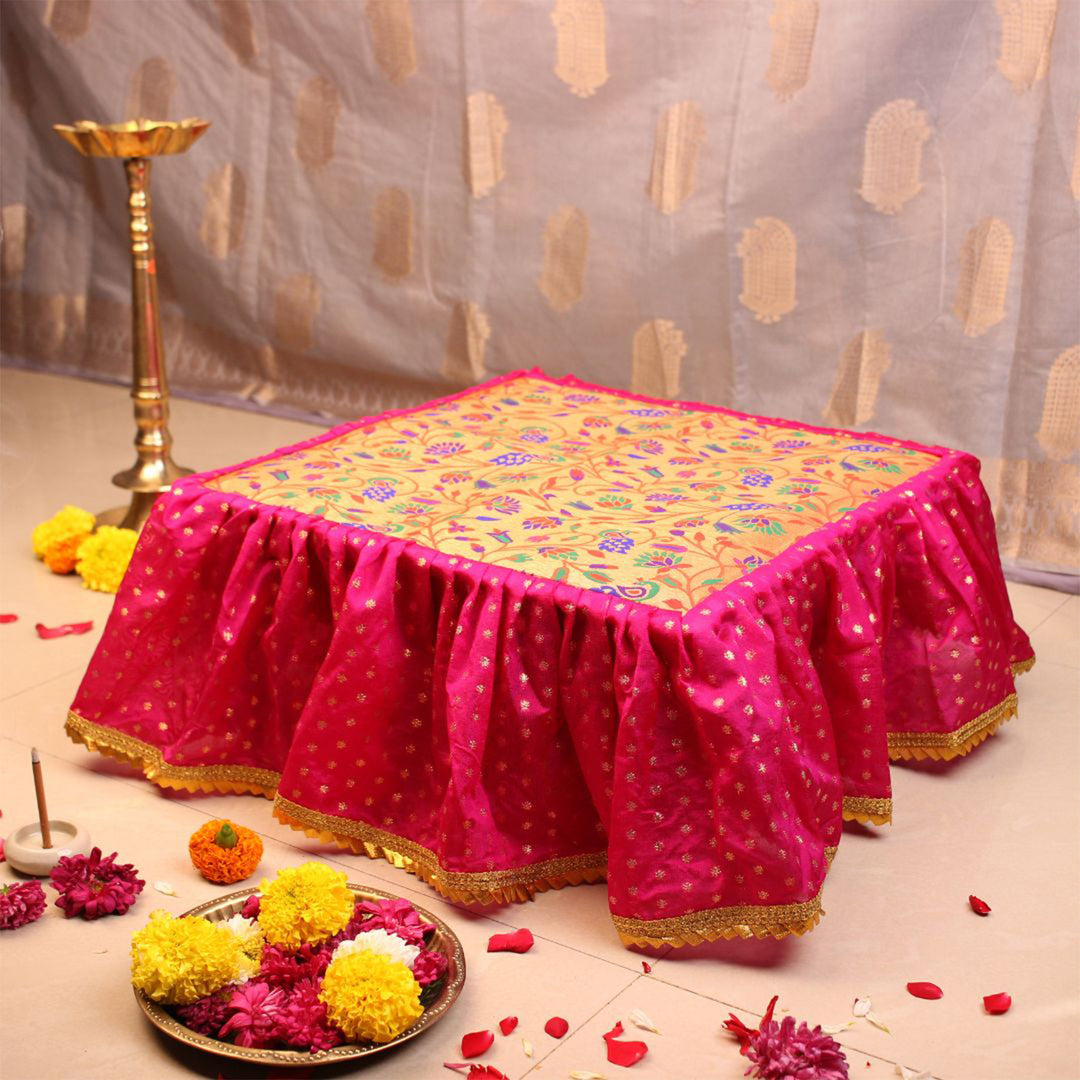 Handcrafted Chaurang Paithani & Chanderi Pooja Asan