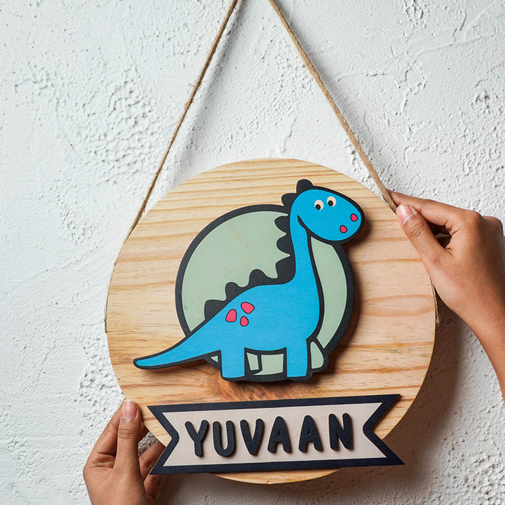 Kids Circular 3D Dino Dinosaur Themed Name Plate With Lights - Front View Hanging from Rope