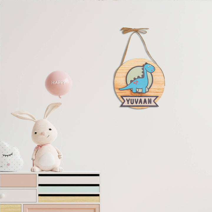 Kids Circular 3D Dino Dinosaur Themed Name Plate With Lights - Name Personalization Hanging on Wall