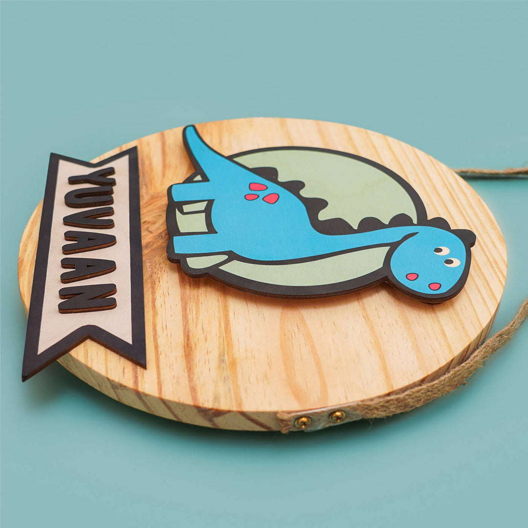Kids Circular 3D Dino Dinosaur Themed Name Plate With Lights - Top Angle Showing Personalization Detail