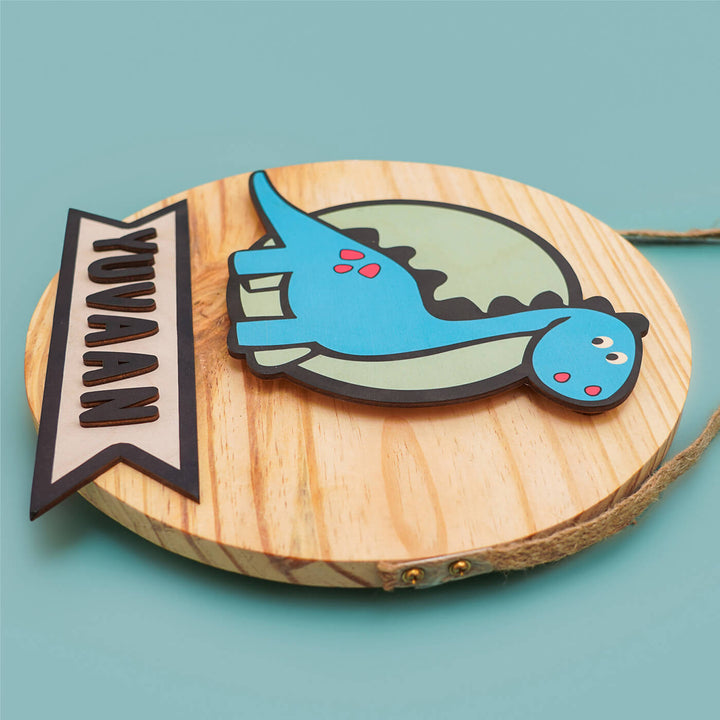 Kids Circular 3D Dino Dinosaur Themed Name Plate With Lights - Top Angle Showing Personalization Detail