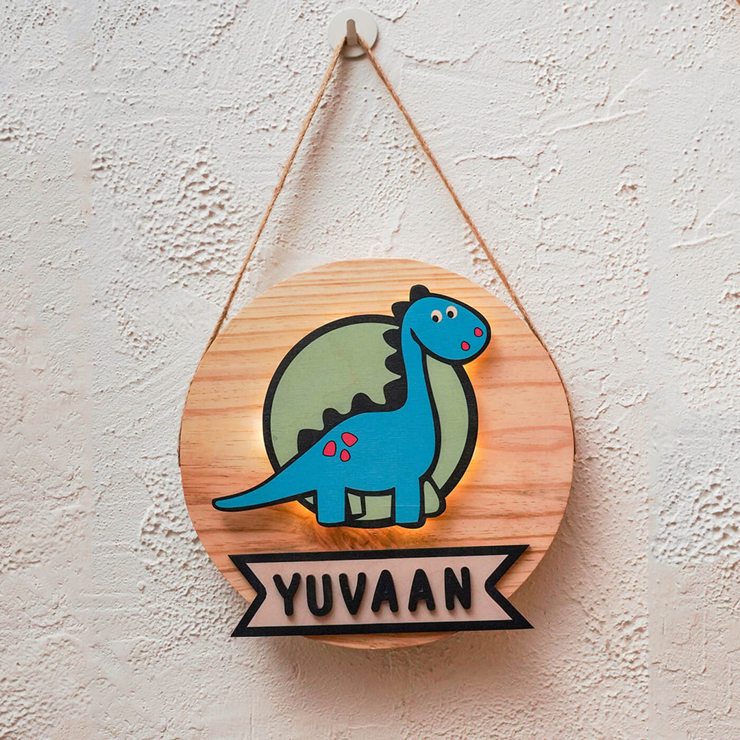 Kids Circular 3D Dino Dinosaur Themed Name Plate With Lights - Hanging on Wall with Name Personalization
