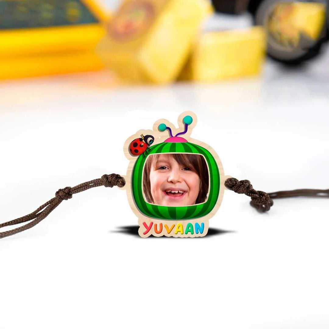 Photo Personalized Handmade Cocomelon Wooden Kids Rakhi With Roli Chawal - Front View of Bracelet with Photo