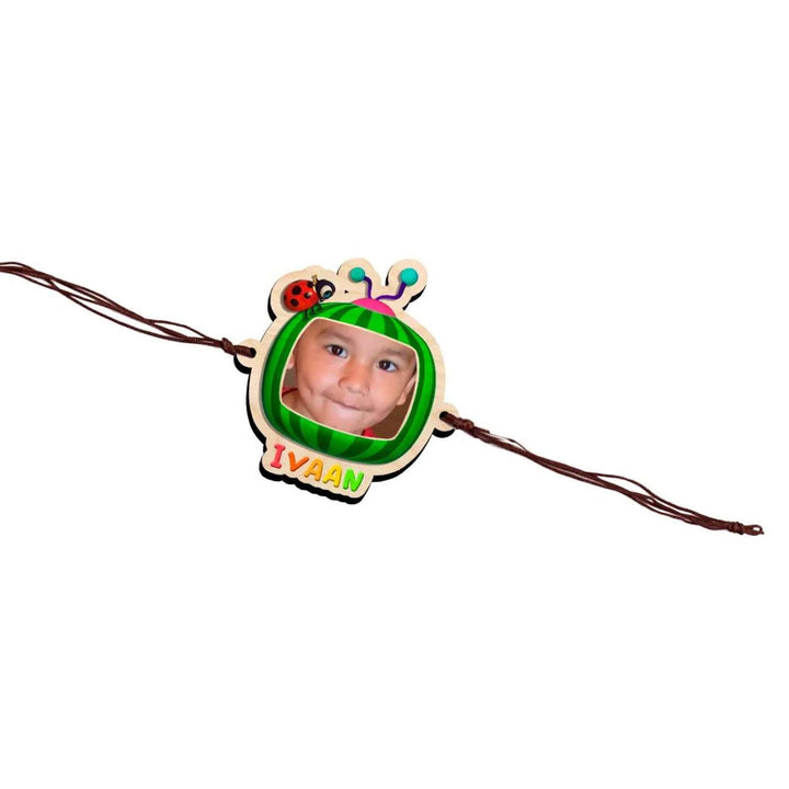 Photo Personalized Handmade Cocomelon Wooden Kids Rakhi With Roli Chawal - Flat Lay Front View