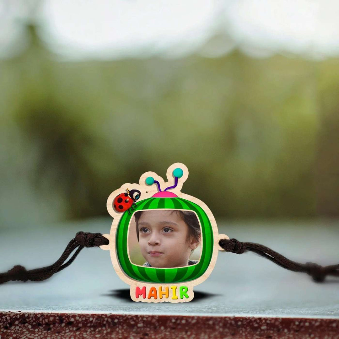 Photo Personalized Handmade Cocomelon Wooden Kids Rakhi With Roli Chawal - Packaged Bracelet in Box