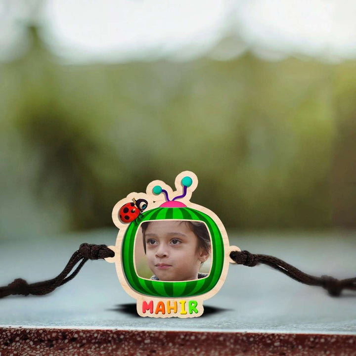 Photo Personalized Handmade Cocomelon Wooden Kids Rakhi With Roli Chawal - Packaged Bracelet in Box