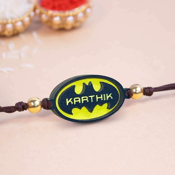 Personalized Handmade Batman Logo Wooden Kids Rakhi With Roli Chawal - Close-up of Personalized Rakhi Detail