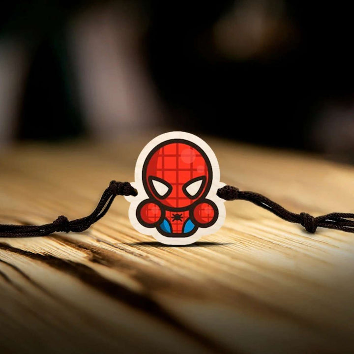 Handmade Spiderman Chibi Wooden Kids Rakhi With Roli Chawal