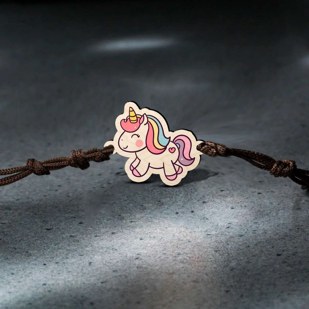 Handmade Unicorn Wooden Kids Rakhi With Roli Chawal