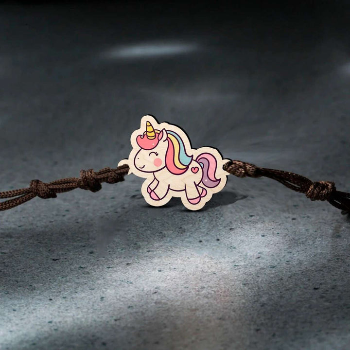 Handmade Unicorn Wooden Kids Rakhi With Roli Chawal