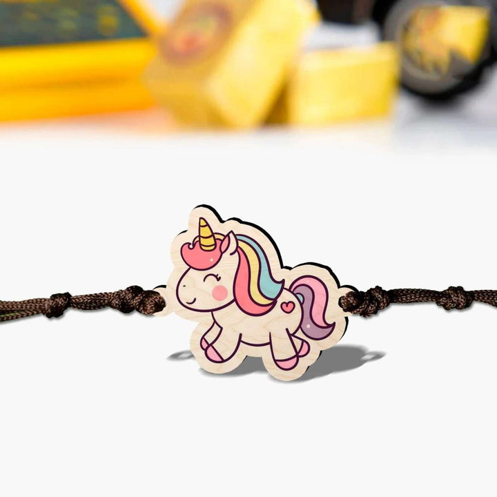 Handmade Unicorn Wooden Kids Rakhi With Roli Chawal