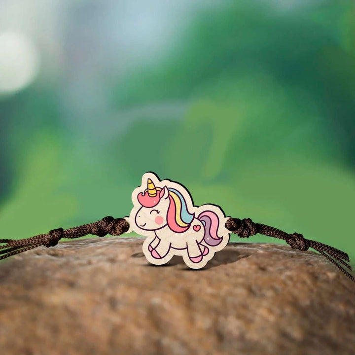 Handmade Unicorn Wooden Kids Rakhi With Roli Chawal