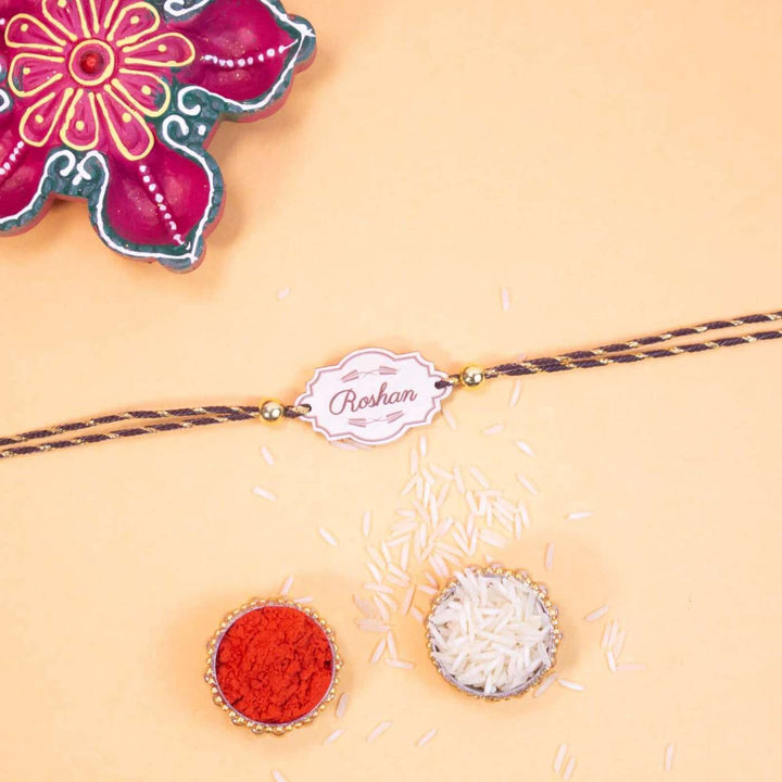 Personalized Handmade Vintage Wooden Rakhi With Roli Chawal - Decorative Rakhi with Festive Items