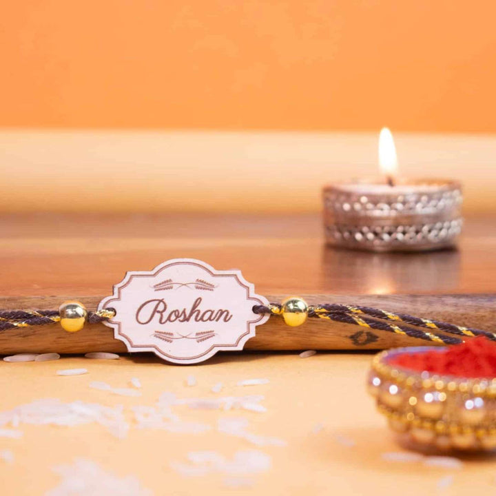 Personalized Handmade Vintage Wooden Rakhi With Roli Chawal - Rakhi with Candle and Rakhi Accessories