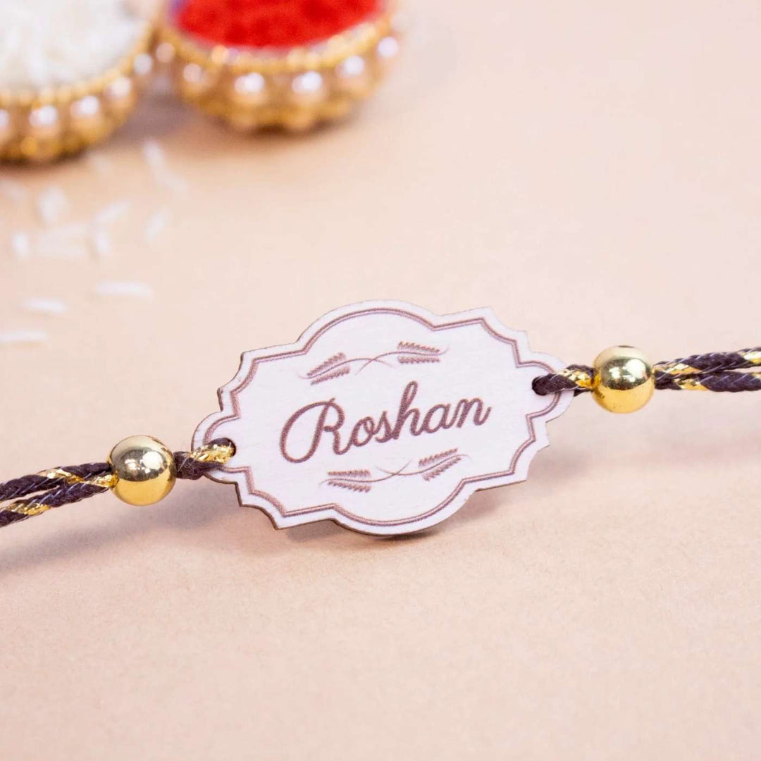 Personalized Handmade Vintage Wooden Rakhi With Roli Chawal - Close-up of Personalized Rakhi Tag
