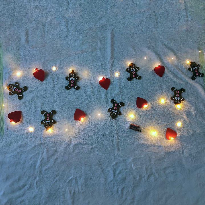 Handmade Cookie Man Fairy Lights With Felt Embellishments For Christmas Decoration