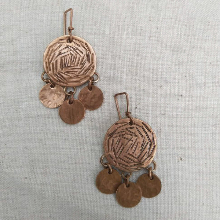 Handmade Circular Disc Linear Copper Earrings