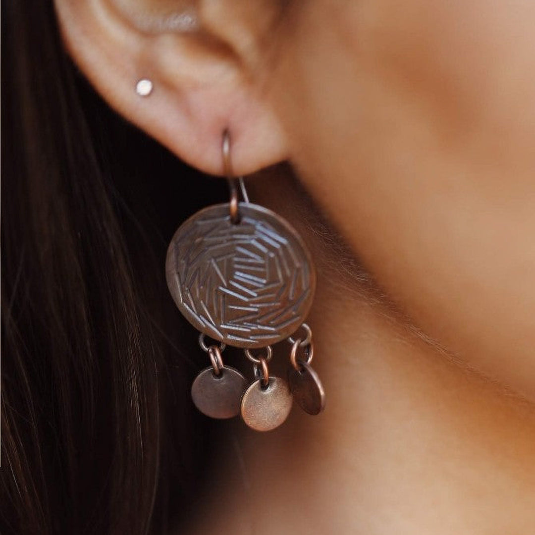 Handmade Circular Disc Linear Copper Earrings