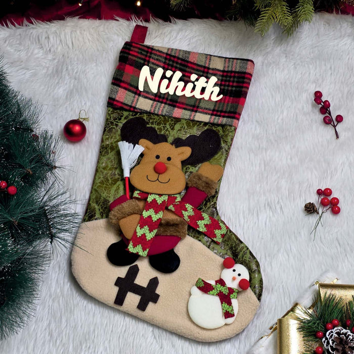 Personalized Handmade Classic Plaid Holiday Reindeer Stocking