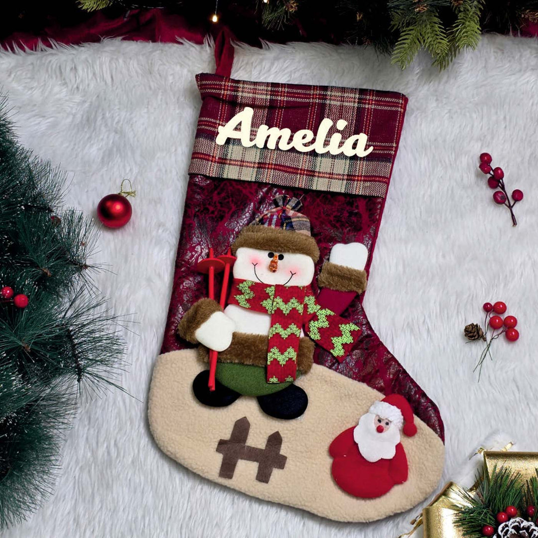 Personalized Handmade Classic Plaid Holiday Snowman Stocking