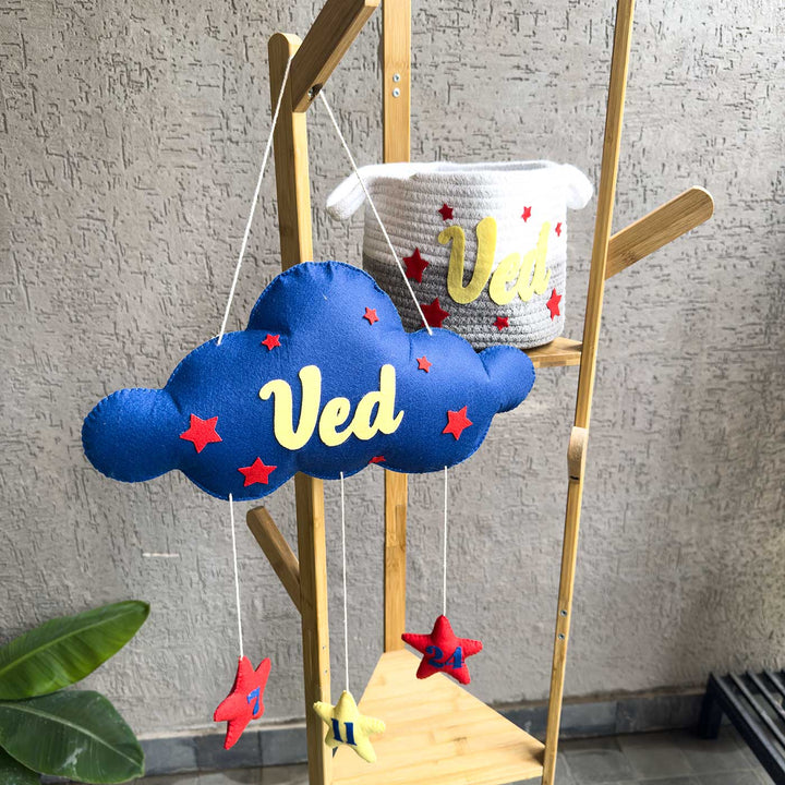 Personalized Cloud Theme Felt Kids Name Plate & Toy Basket