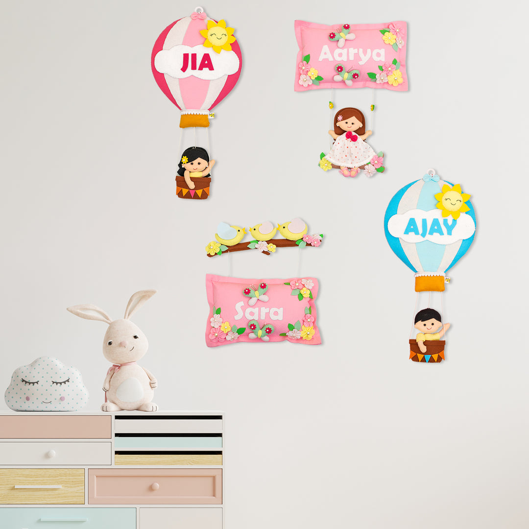 Hand-stitched Hot Air Balloon Felt Kids Nameplate With Birthdates