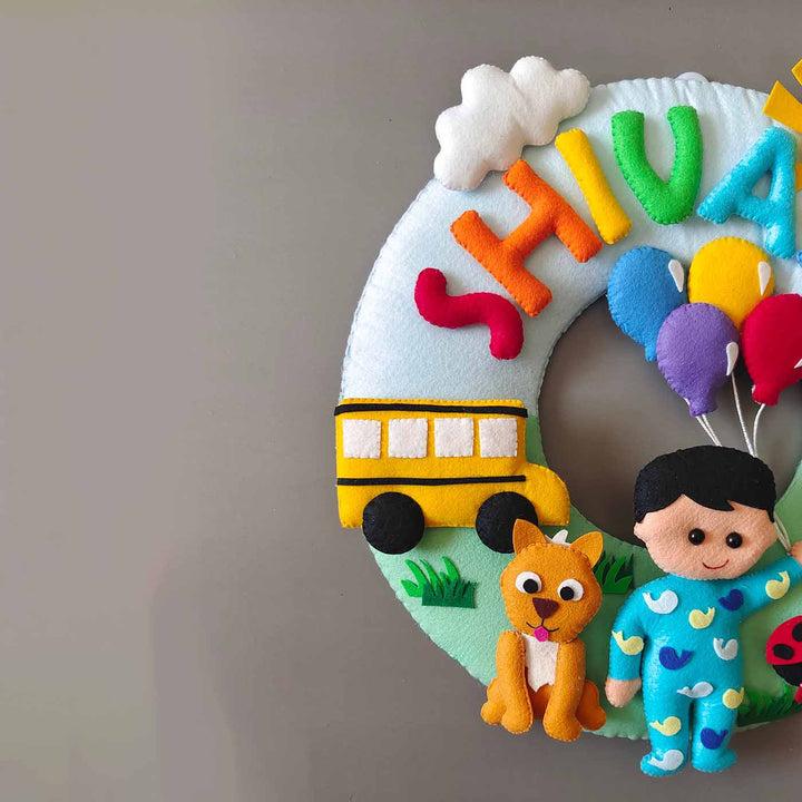Hand-stitched Cocomelon Themed Round Felt Kids Name Plate for Baby Boy