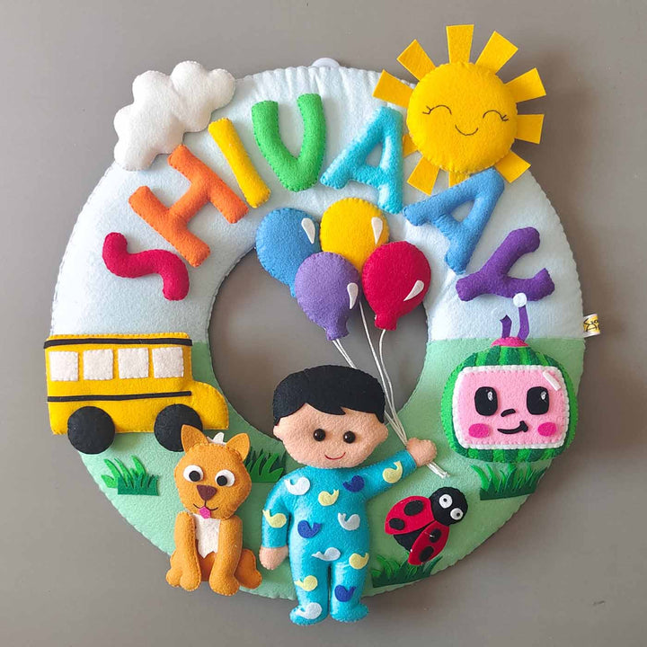 Hand-stitched Cocomelon Themed Round Felt Kids Name Plate for Baby Boy