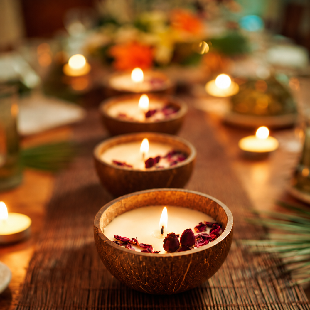 Set of 2 | Eco-friendly Handmade Rose Scented Coconut Shell Candle