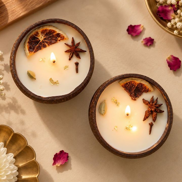 2 pc | Handmade Polished Coconut Shell Soy Wax Candle For Home Decor