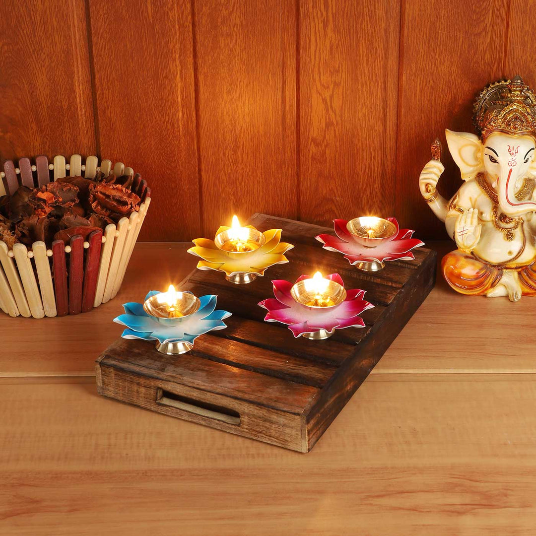Set of 8 | Handmade Colorful Akhand Brass Oil Lamp / Diya