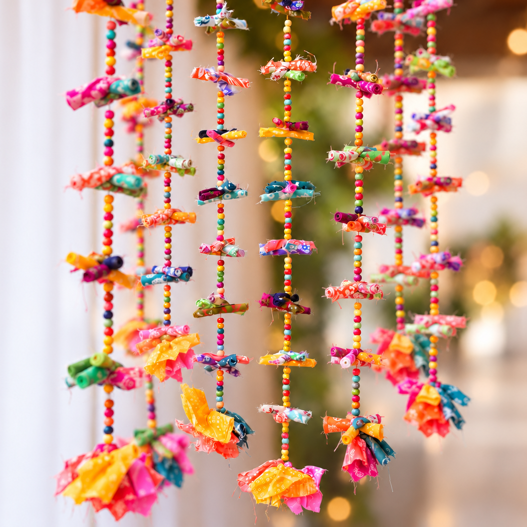 2 pc | Upcycled Multicolour Chindi Fabric Door Hangings with Wooden Beads