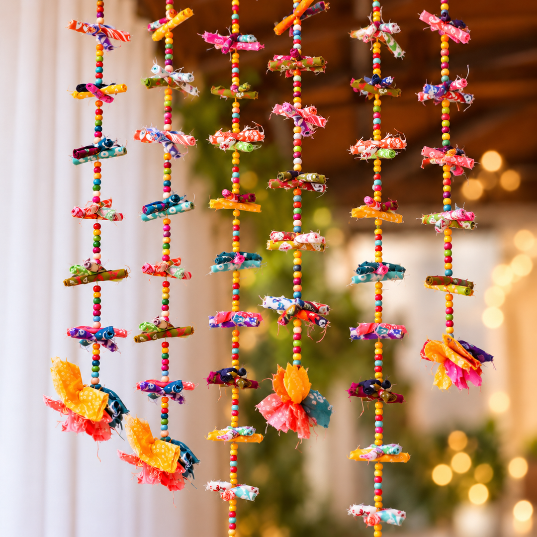 2 pc | Upcycled Multicolour Chindi Fabric Door Hangings with Wooden Beads