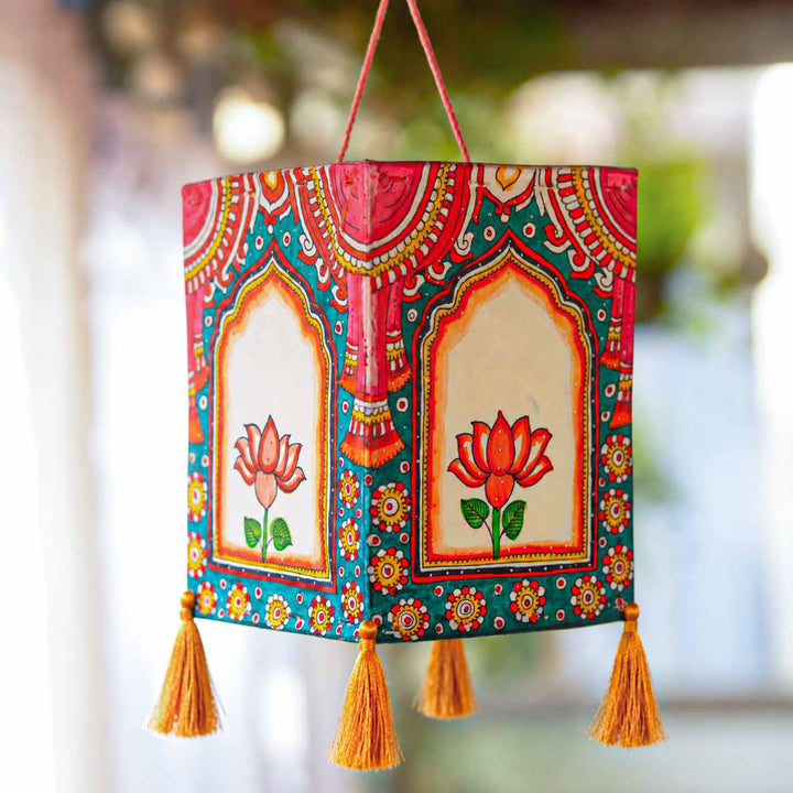 Hand Painted Lotus Tholu Bommalata Parchment Leather Hanging Lamp/Kandil - Teal